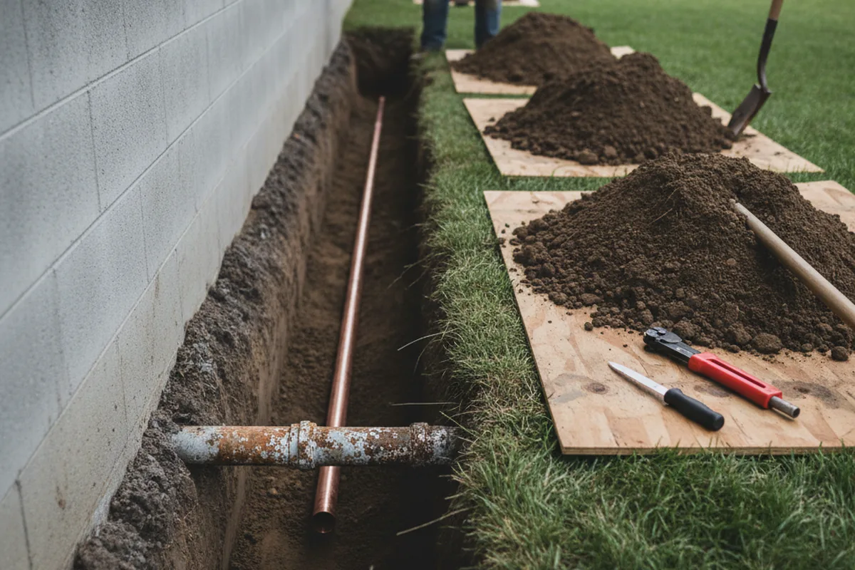 Excavated water line trench during Sewer Line Repair in Lakebay